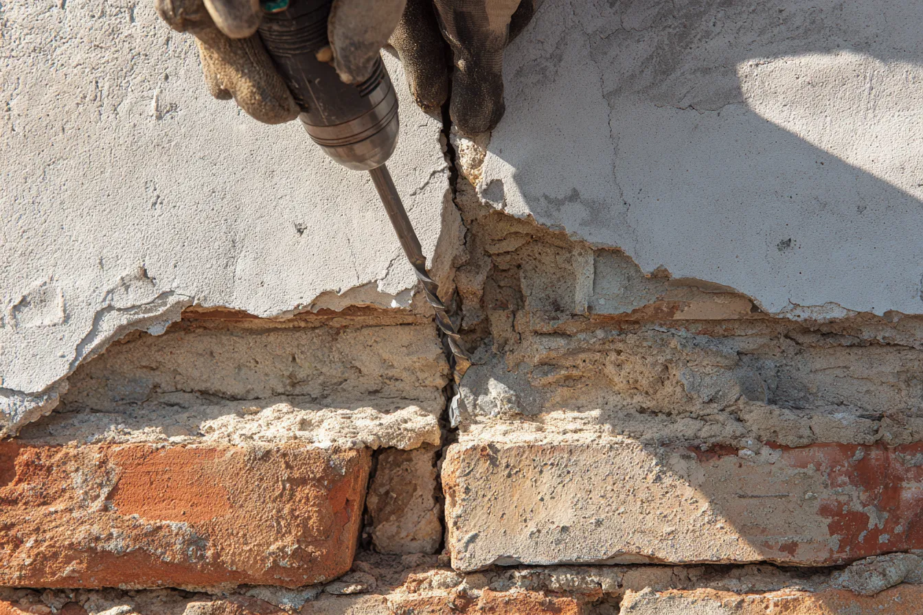 Gros plan d'une fissure sur une façade enduite ancienne