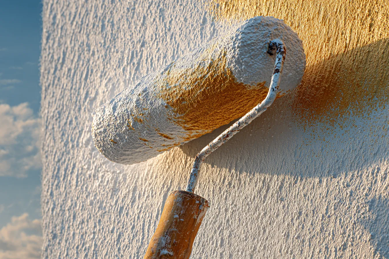 Façade de maison de ville française rafraîchie au rouleau lors d'une mise en peinture