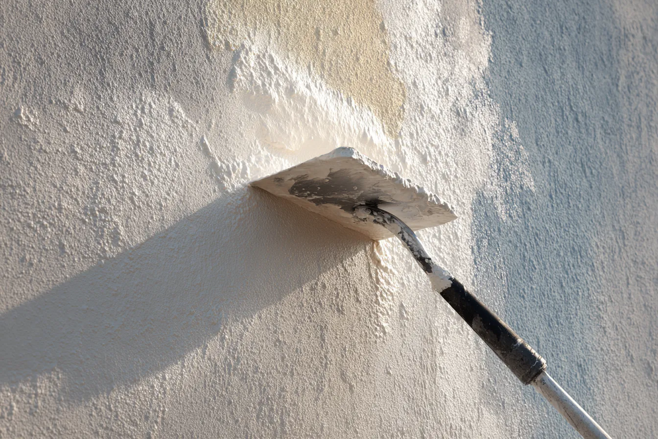Façade de maison sous échafaudage baignée par la lumière du printemps