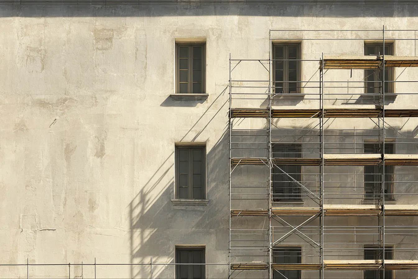 Immeuble en copropriété sous échafaudage pendant un ravalement de façade