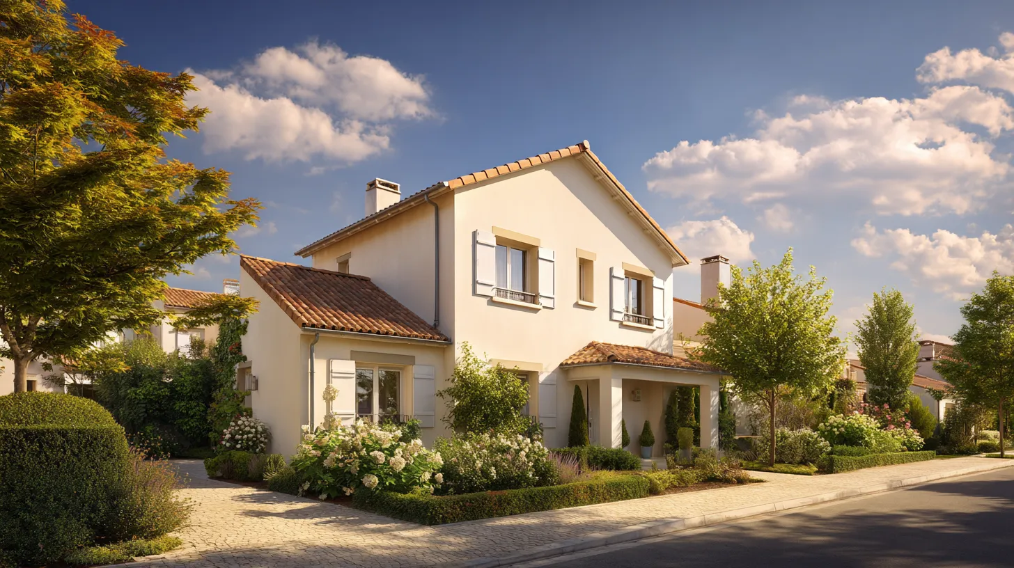 Façade de maison individuelle en bon état, propre et bien entretenue