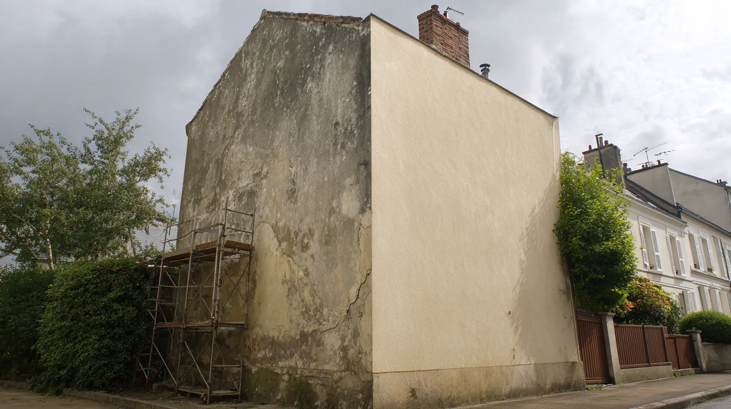 Façade en cours de ravalement avec enduit qui s’écaille à reprendre