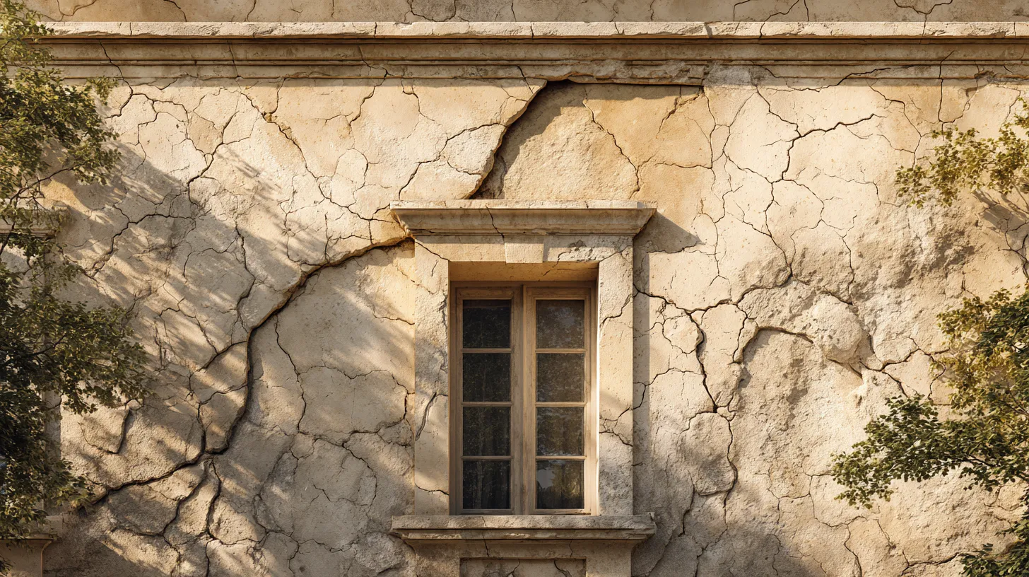 Gros plan d'une fissure sur une façade enduite ancienne