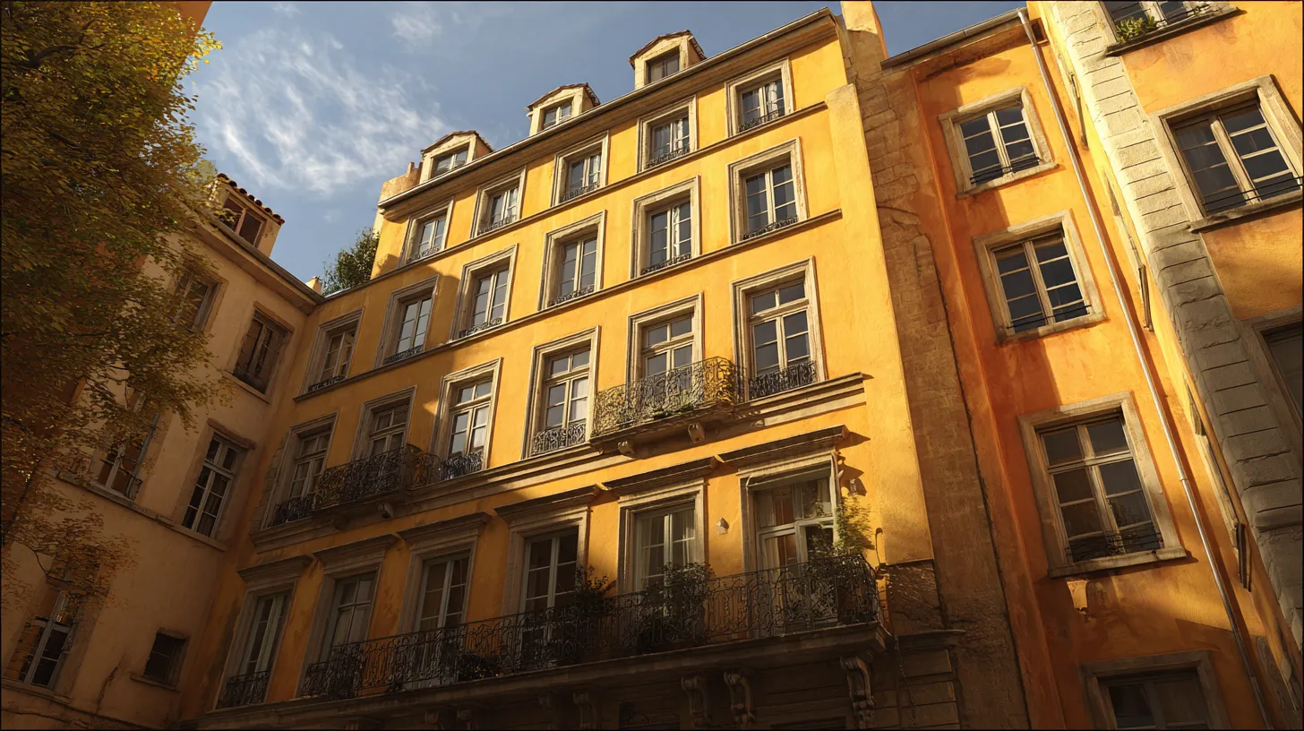 Façade d'immeuble lyonnais fraîchement ravalée dans la Presqu'île