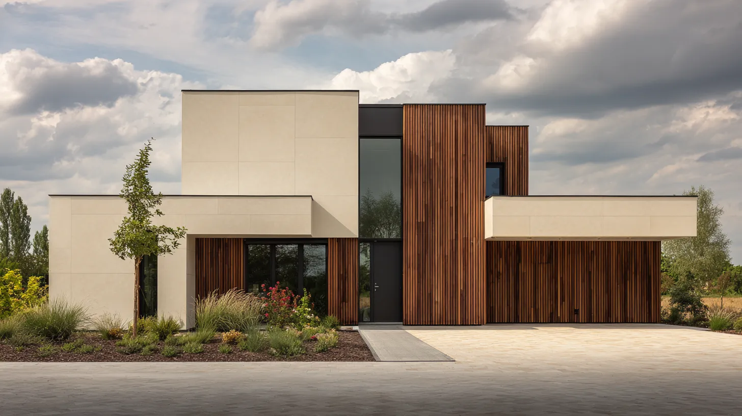 Façade de maison comparant une finition enduit et un bardage ventilé