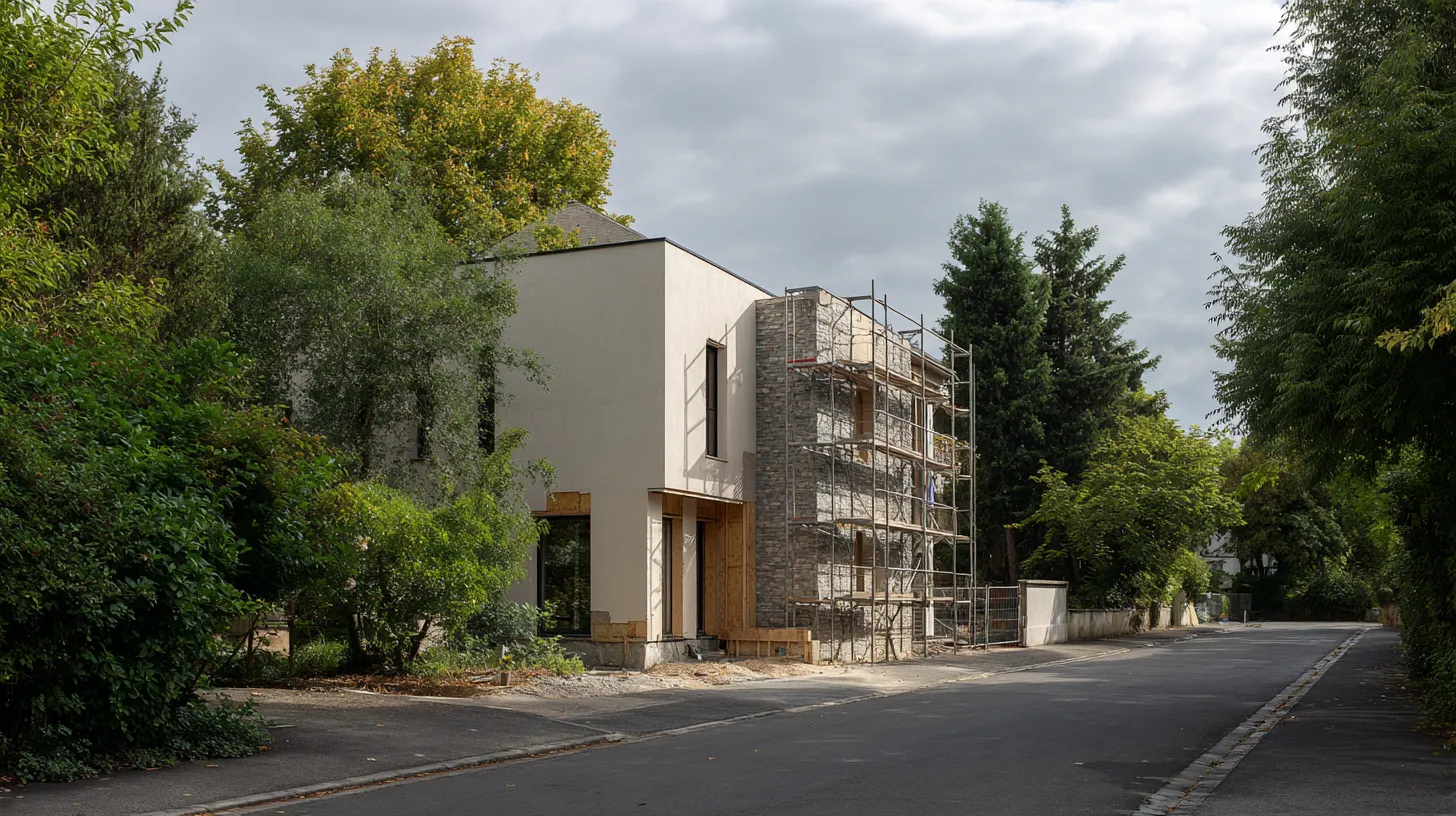 Façade de maison individuelle en cours d'isolation thermique par l'extérieur