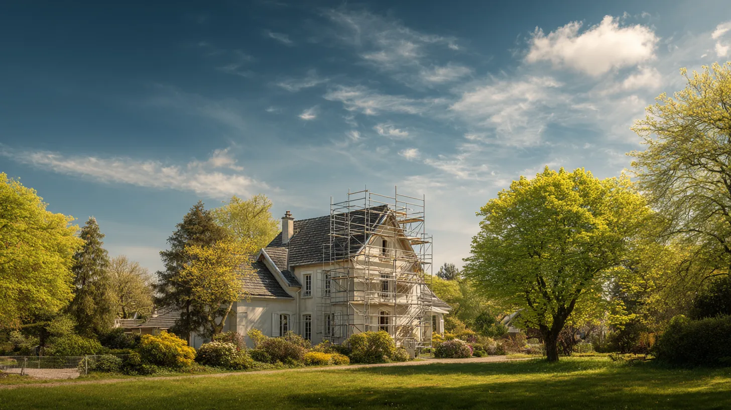 Façade de maison sous échafaudage baignée par la lumière du printemps