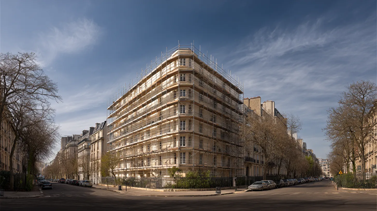 Immeuble en copropriété sous échafaudage pendant un ravalement de façade